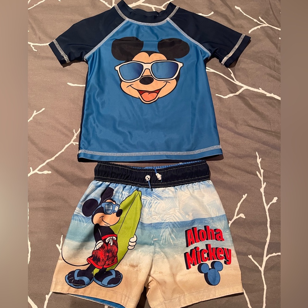 Disney Aloha Mickey rash guard and swim trunks set